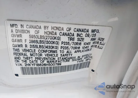 2006 Honda Pilot Ex-L from USA, damaged, VIN 2HKYF18626H500799